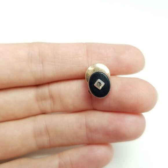 Vintage Oval Black Tie Tack Pin with Silver Tone Center, Mens Jewelry - Picture 2 of 5